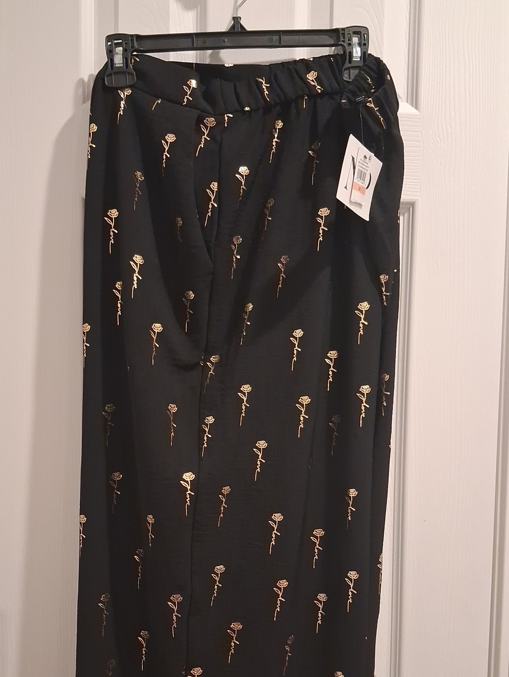 Women's Black Pants with Gold Rose Print
